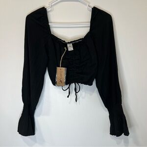 NEW Blanco Off the shoulder Ruched Pheasant Elastic Black Cropped Long sleeve